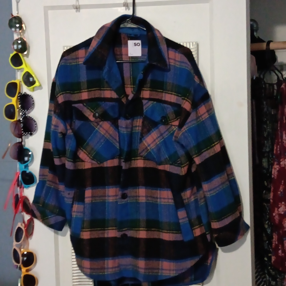 SO Womens Plaid Shirt Jacket in Blue, Pink & Green - Picture 5 of 9